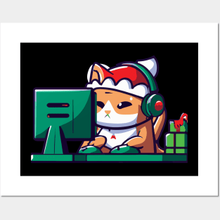 Christmas cat plays game Posters and Art
